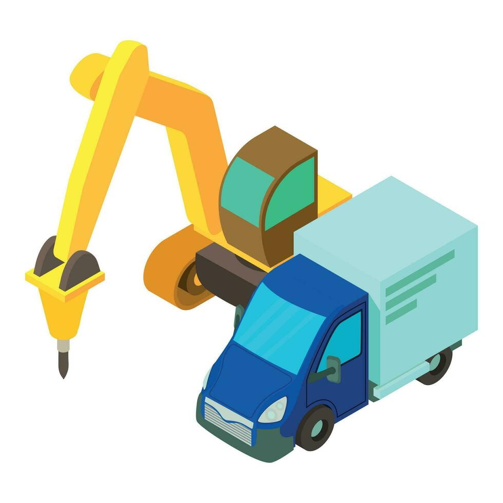 Building site icon isometric vector. Big excavator hammer near delivery van icon vector