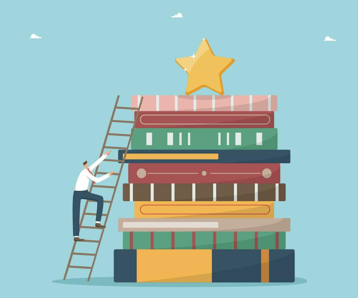 Develop intellect for success in study or job, reading books for career growth and business development, new knowledge and education to achieve your goals, man climbs ladder to star on stacks of books vector