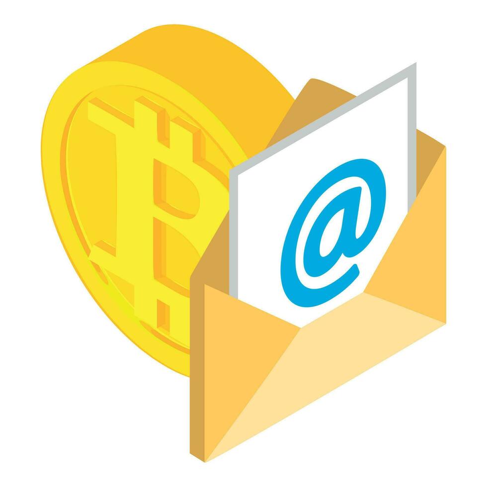 bitcoin criptomoneda icono isométrica vector. dorado bitcoin moneda y correo electrónico icono vector