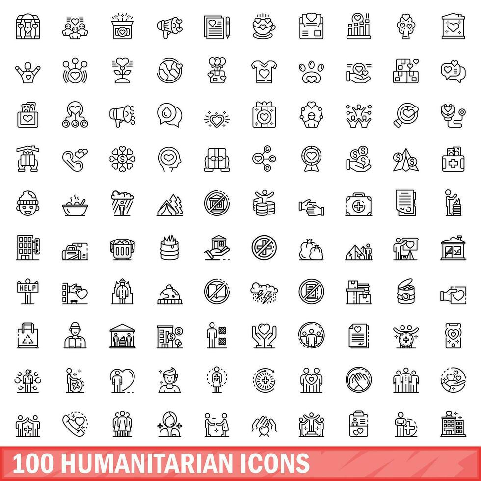 100 humanitarian icons set, outline style vector