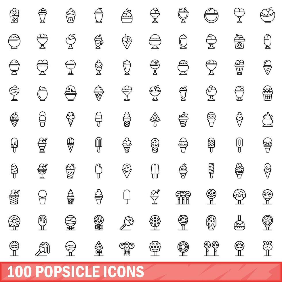 100 popsicle icons set, outline style vector
