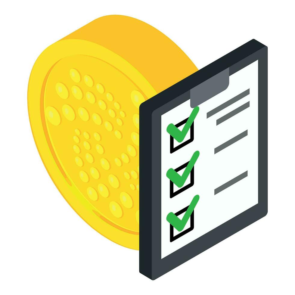 Iota cryptocurrency icon isometric vector. Big Iota coin and list with checkmark vector