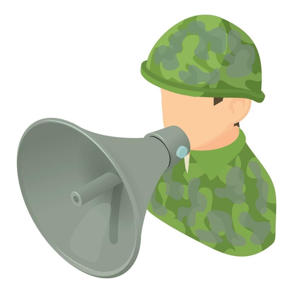 Military speech icon isometric vector. Male military character with loudspeaker vector