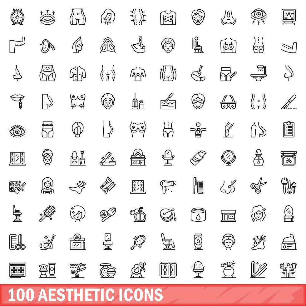 100 aesthetic icons set, outline style vector