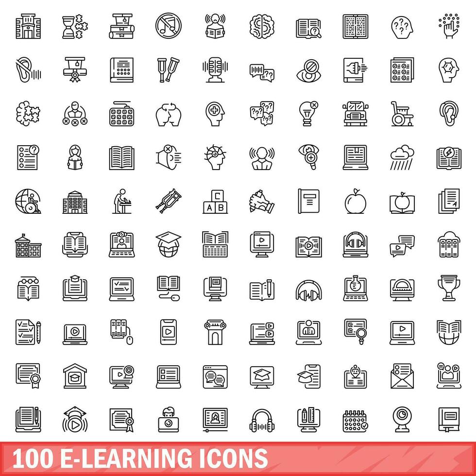 100 e-learning icons set, outline style vector