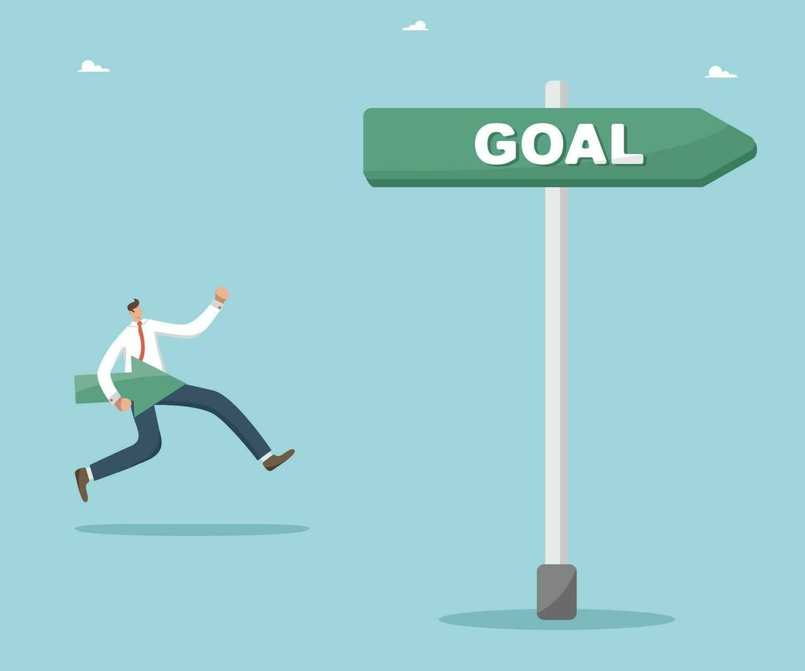 Winning strategy or plan to achieve goals, setting and planning path to success and achieving heights in work, new opportunities and solving difficult situations, man runs with an arrow at goal sign. vector