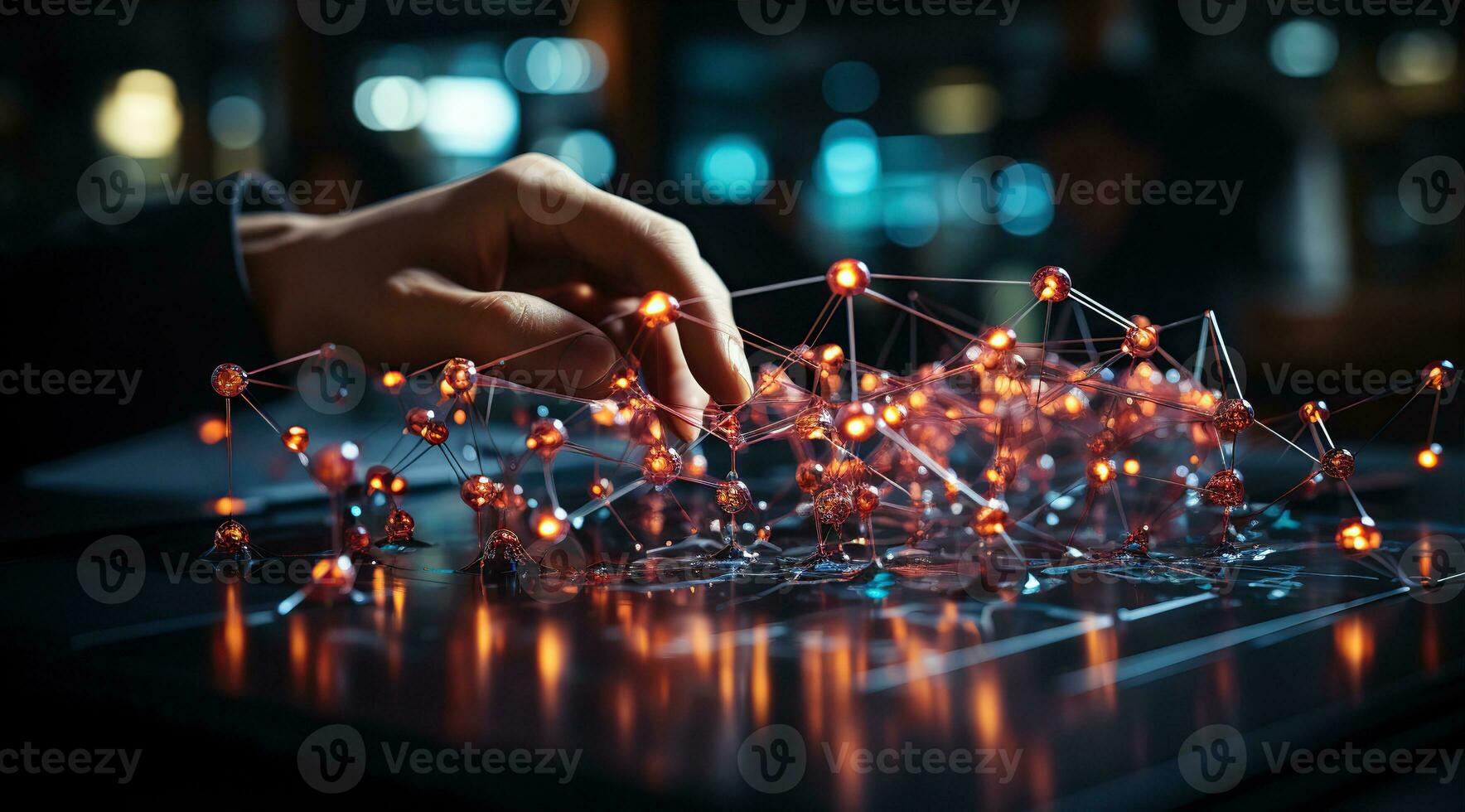 Hands typing on a laptop with blue dots on an screen. Geometric cyberspace, network and future concept. Created with Generative AI photo