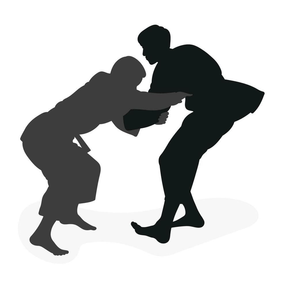 Image silhouette judoka. Judo, martial art, sportsmanship, wrestling, duel, grappling, combating, fighting, struggle vector