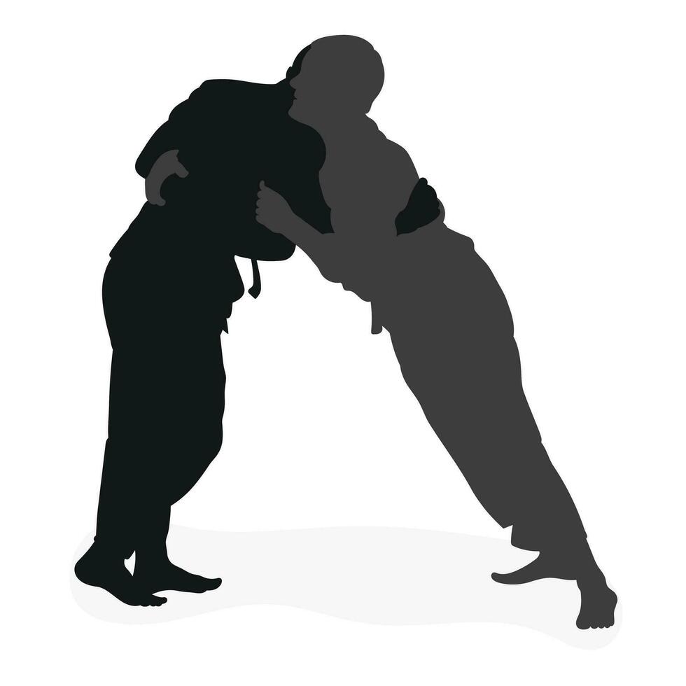 Image silhouette judoka. Judo, martial art, sportsmanship, wrestling, duel, grappling, combating, fighting, struggle vector