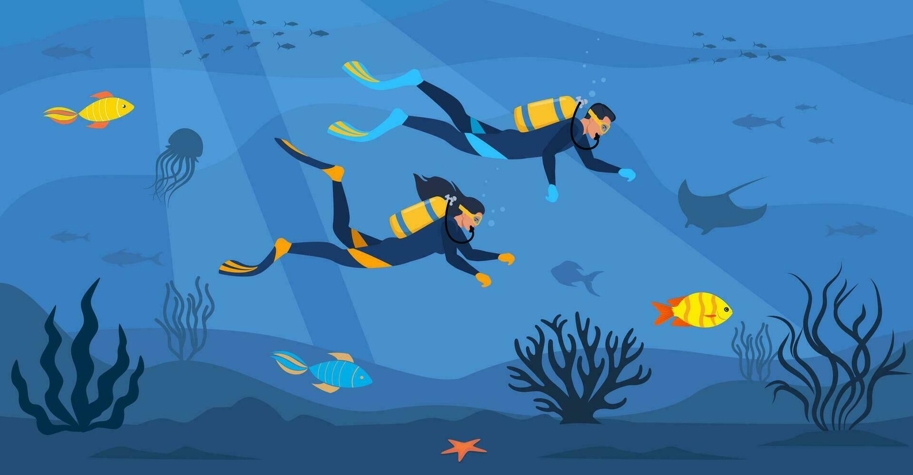 Divers with diving equipment swim in the sea. Seascape banner with people underwater. Characters wearing wetsuit with oxygen tanks and fins. Underwater world. Vector illustration.