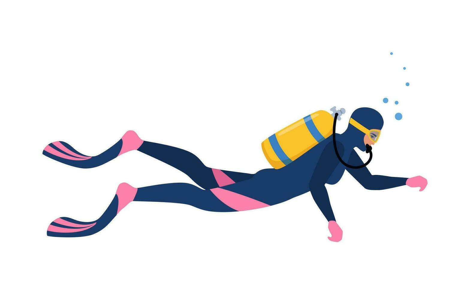 Woman diver with diving equipment wearing wetsuit with oxygen tank and fins. Vector illustration isolated.
