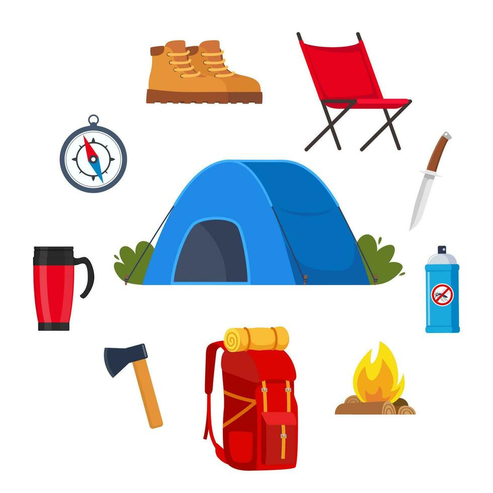 Camping and hiking equipment set. Big collection of elements or icons for Sports, adventures in nature, recreation and tourism concept design. Vector illustration.
