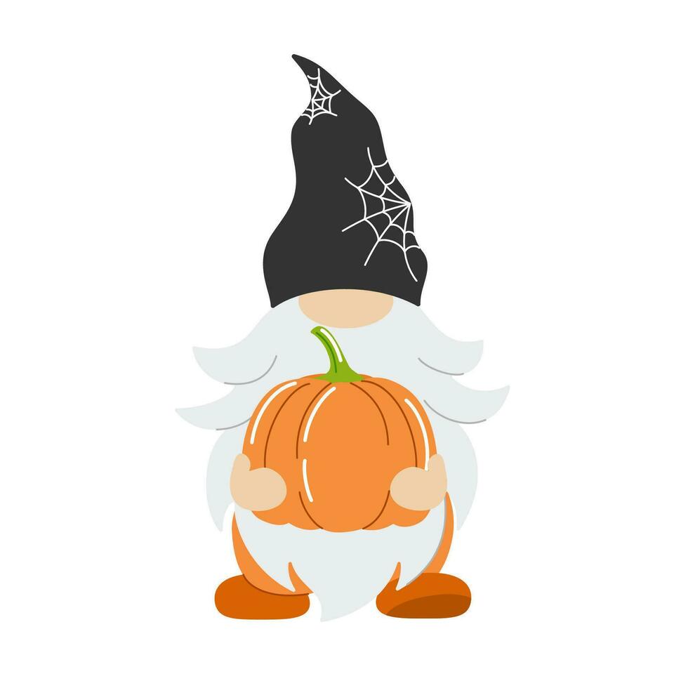 Halloween wizard gnome holding a pumpkin. Happy Halloween. Vector illustration design template for banner or poster.