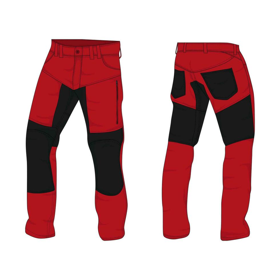 red and black hiking pants mockup front and back view. illustration vector