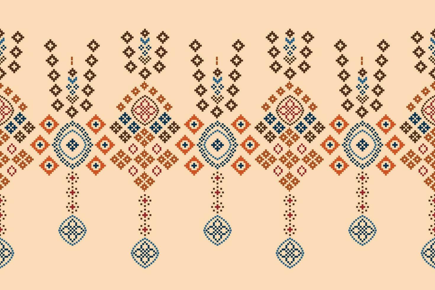 Ethnic geometric fabric pattern Cross Stitch.Ikat embroidery Ethnic oriental Pixel pattern brown cream background. Abstract,vector,illustration. Texture,clothing,frame,motifs,silk wallpaper. vector