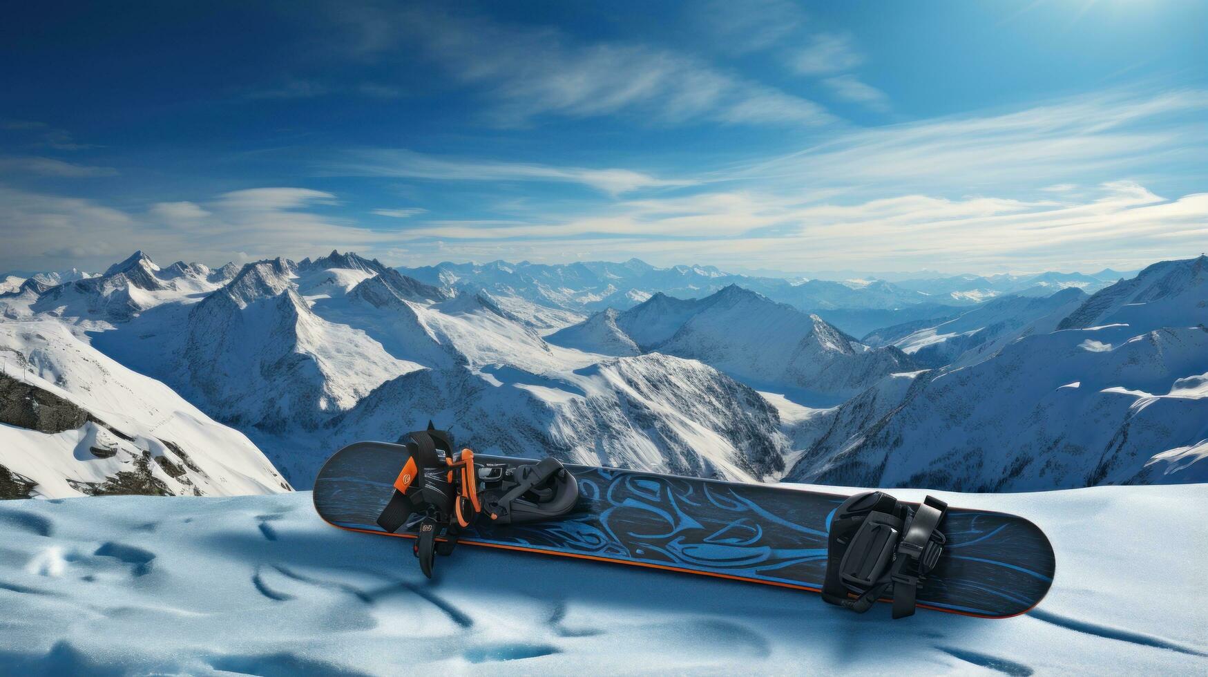 Man in ski goggles rides a snowboard from a snowy mountain photo