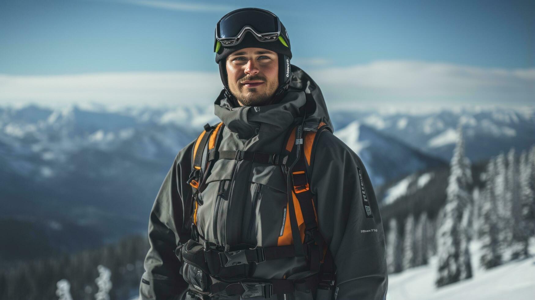 Man in ski goggles rides a snowboard from a snowy mountain photo