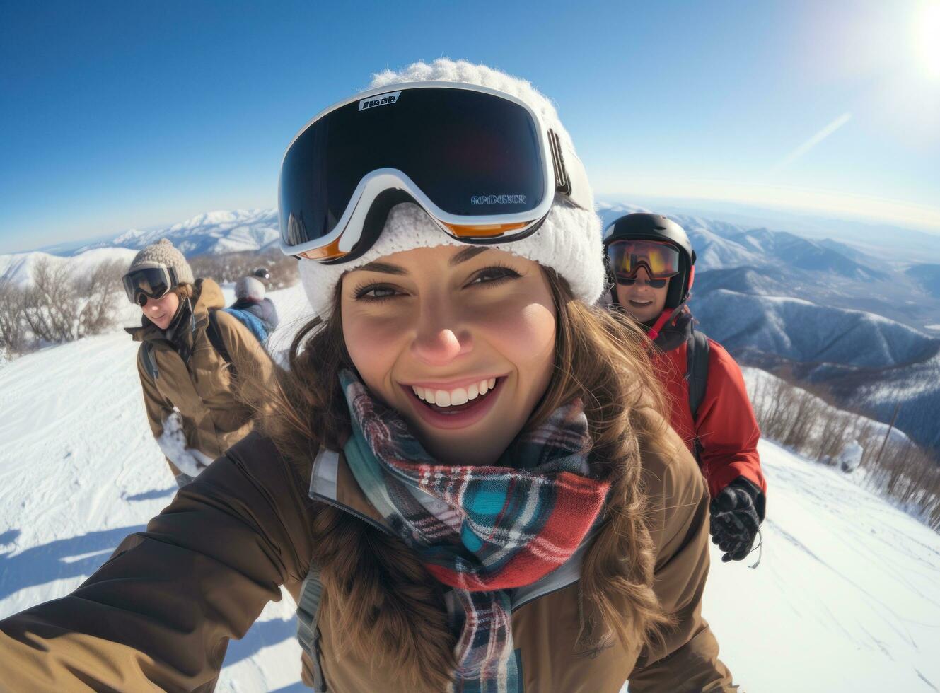 Skateboarder girls snowboarding on top of mountain photo