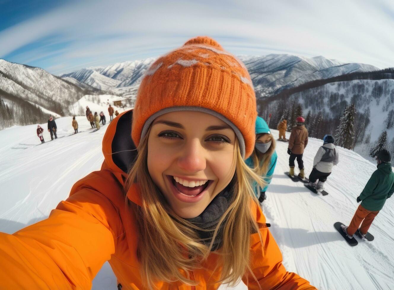 Skateboarder girls snowboarding on top of mountain photo