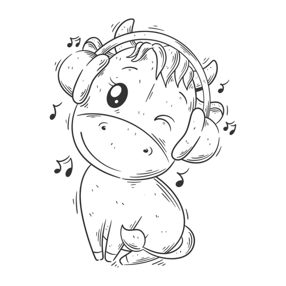 Cute cow wearing a music headset for coloring vector