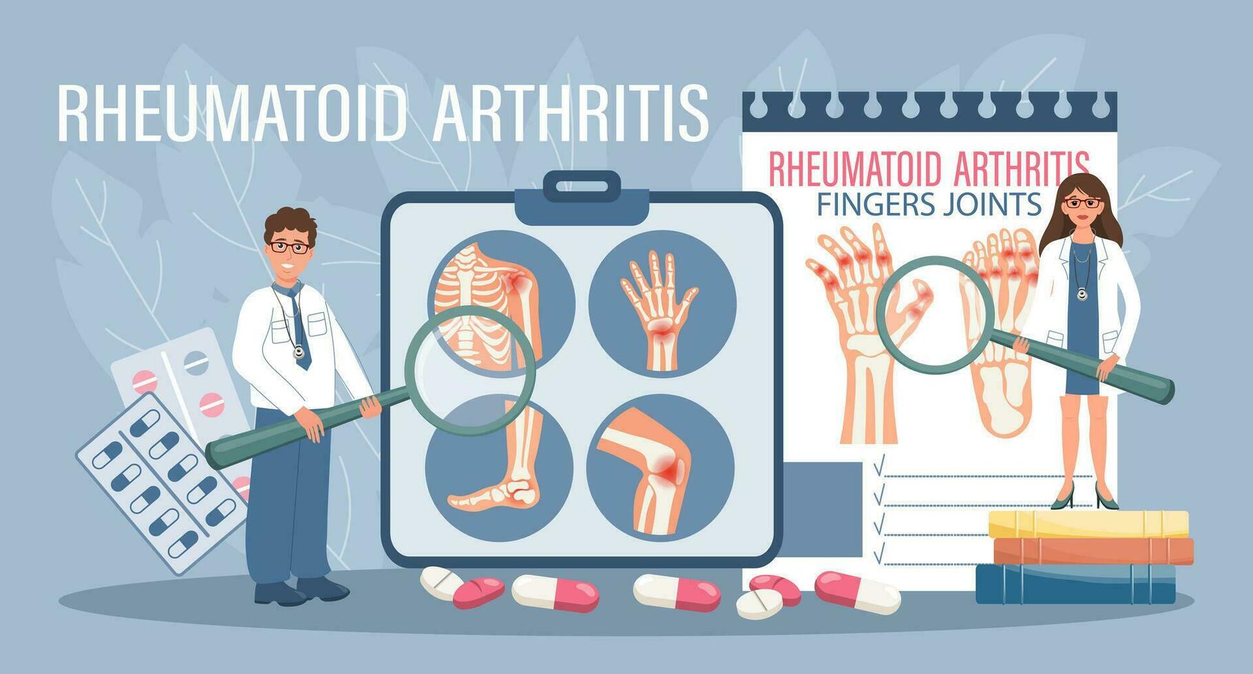 Rheumatoid arthritis for landing page. Arthritis treatment. Doctors with magnifiers show diseases of the human skeletal system. Template, banner, vector