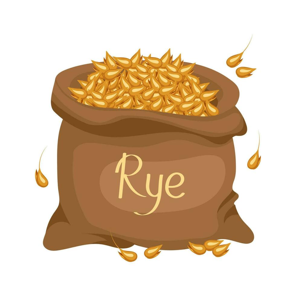 Linen bag with grains of rye and a wooden spatula. Agriculture icon, design element, vector