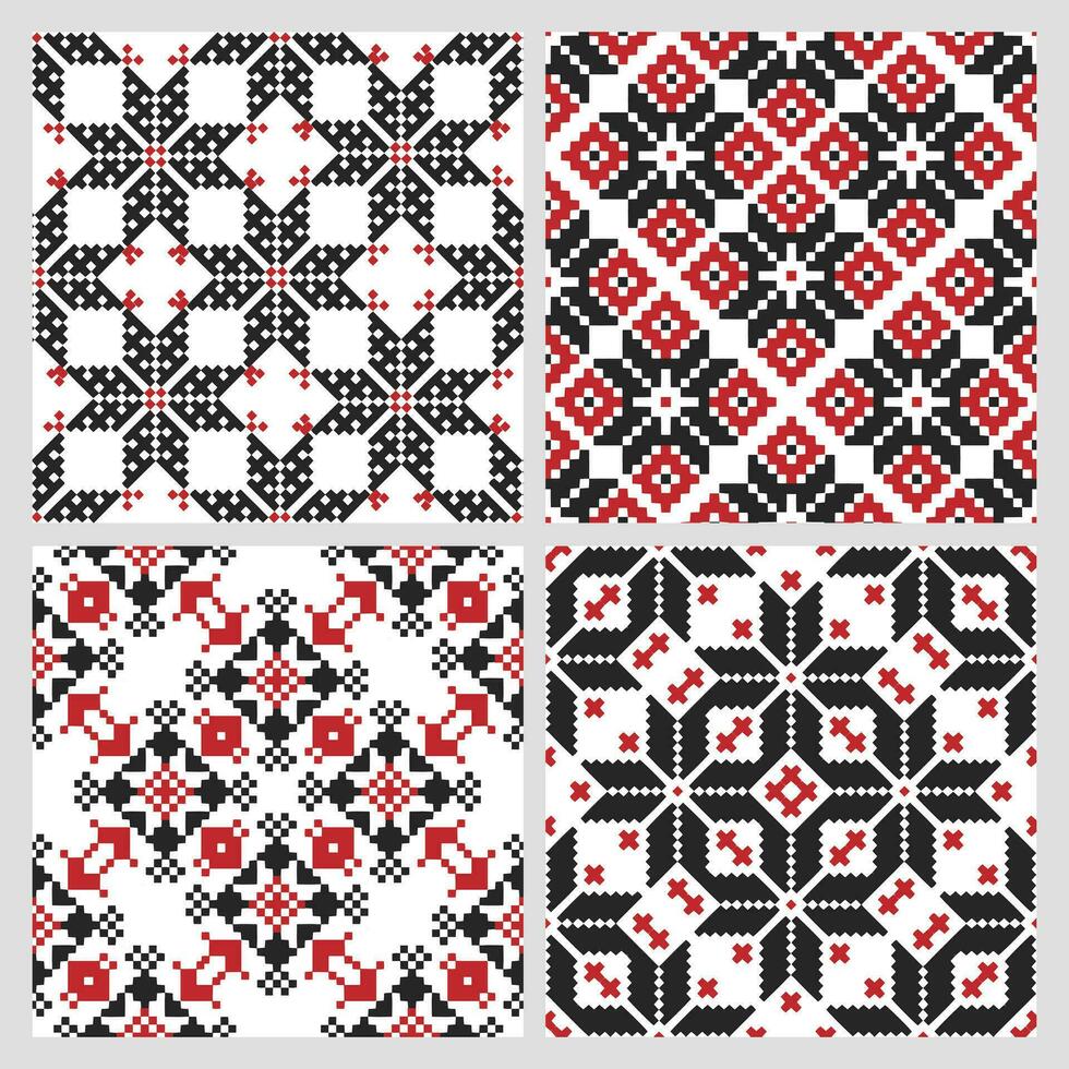 Set of ethnic seamless patterns. Geometric abstract two-color patterns Ethnic motifs. Print, textile, background, vector