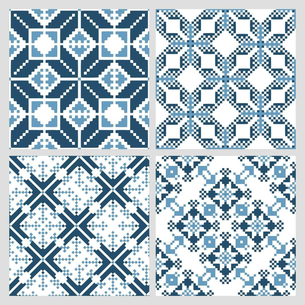 Set of ethnic seamless patterns. Geometric abstract two-color patterns Ethnic motifs. Print, textile, background, vector