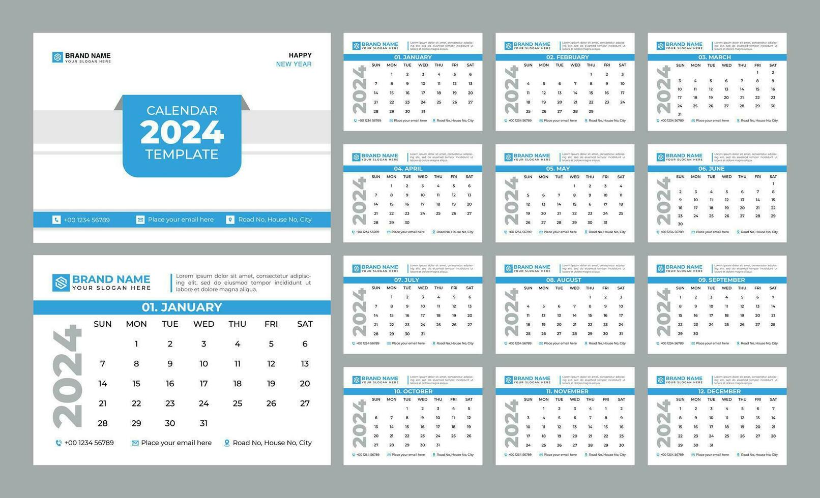 escritorio calendario 2024 modelo. 12 meses incluido. editable 2024 calendario diseño. vector ilusrtation