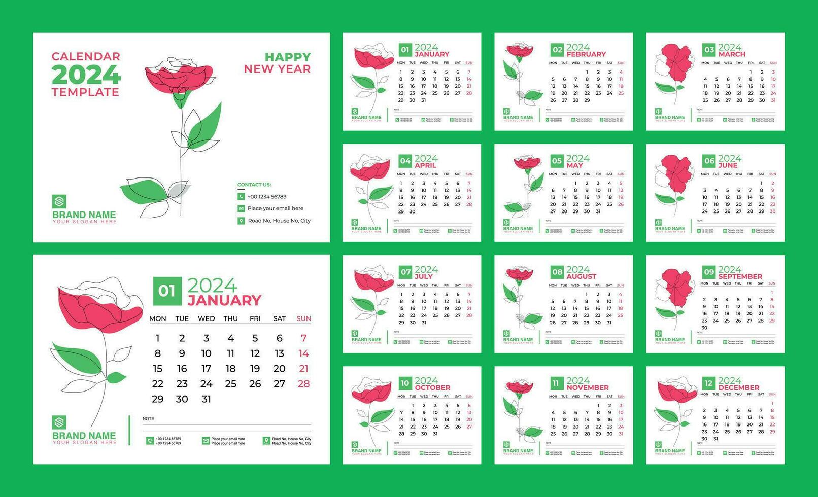 Desk Calendar 2024 template. 12 months included. Editable 2024 calendar design. Vector illusrtation