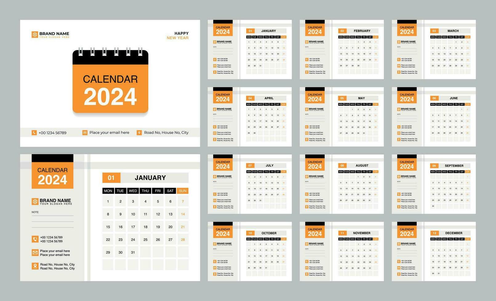 Desk Calendar 2024 template. 12 months included. Editable 2024 calendar design. Vector illusrtation