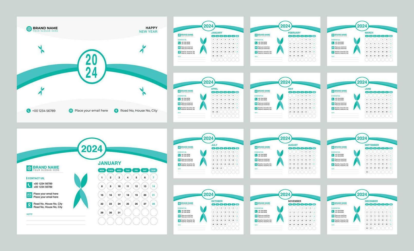 Desk Calendar 2024 template. 12 months included. Editable 2024 calendar design. Vector illusrtation