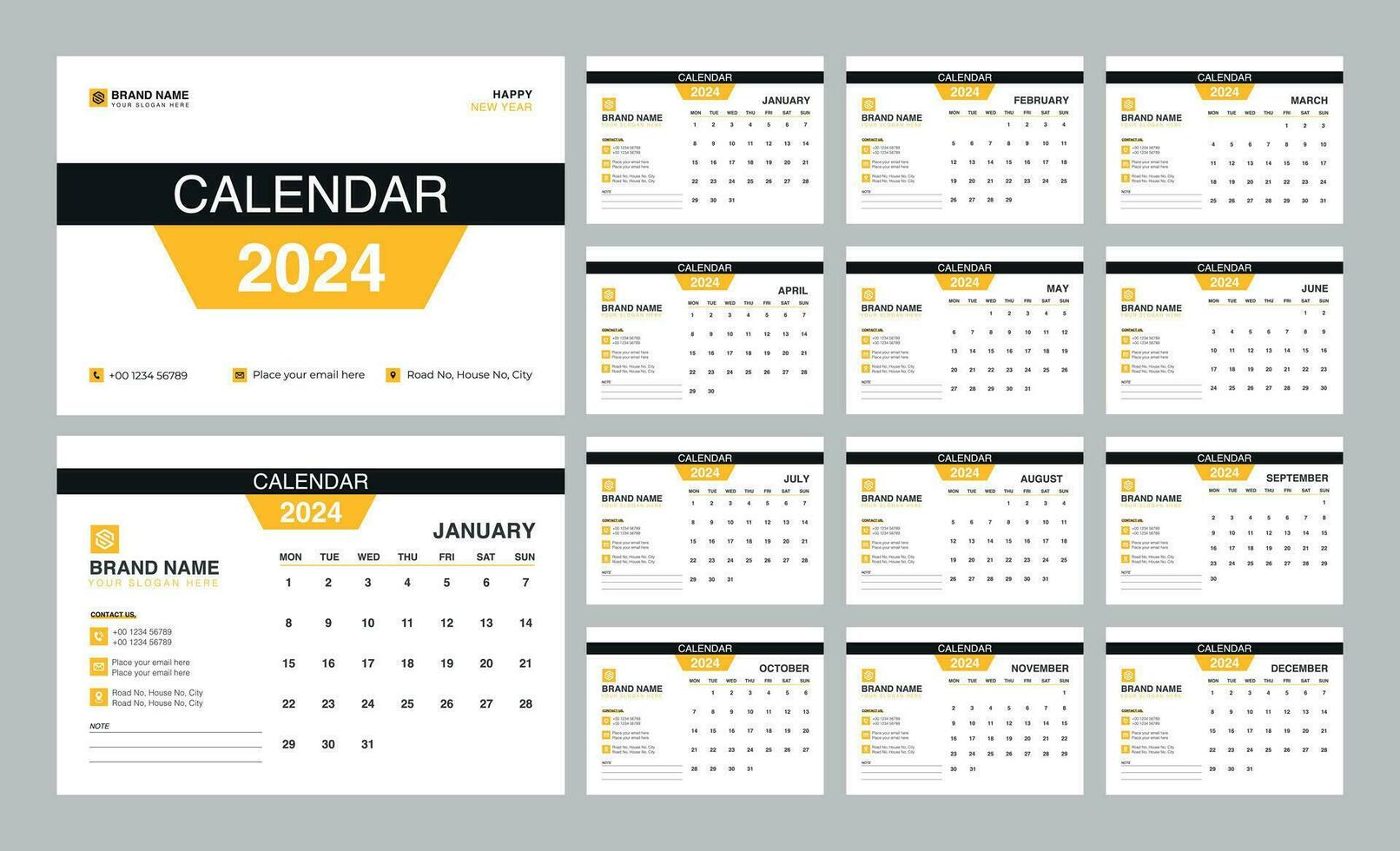 Desk Calendar 2024 template. 12 months included. Editable 2024 calendar design. Vector illusrtation