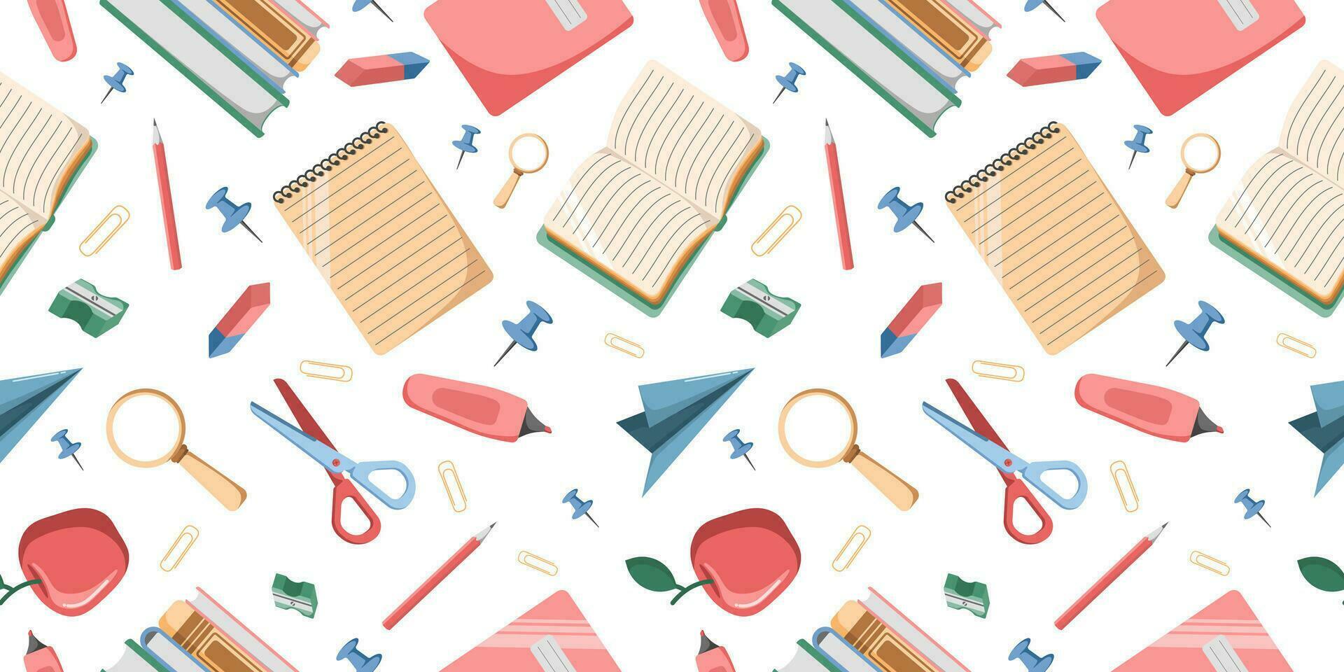 Seamless Pattern of office or school stationery isolated on white background. Scissors, eraser, sharpener, marker, clip. Perfect for office or school themes, wrapping paper, poster and banner, textile vector