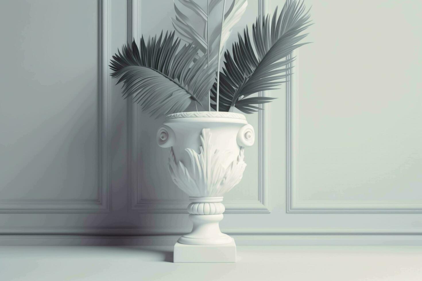 Clean white pedestal with palm leaves on neutral background, AI Generated photo