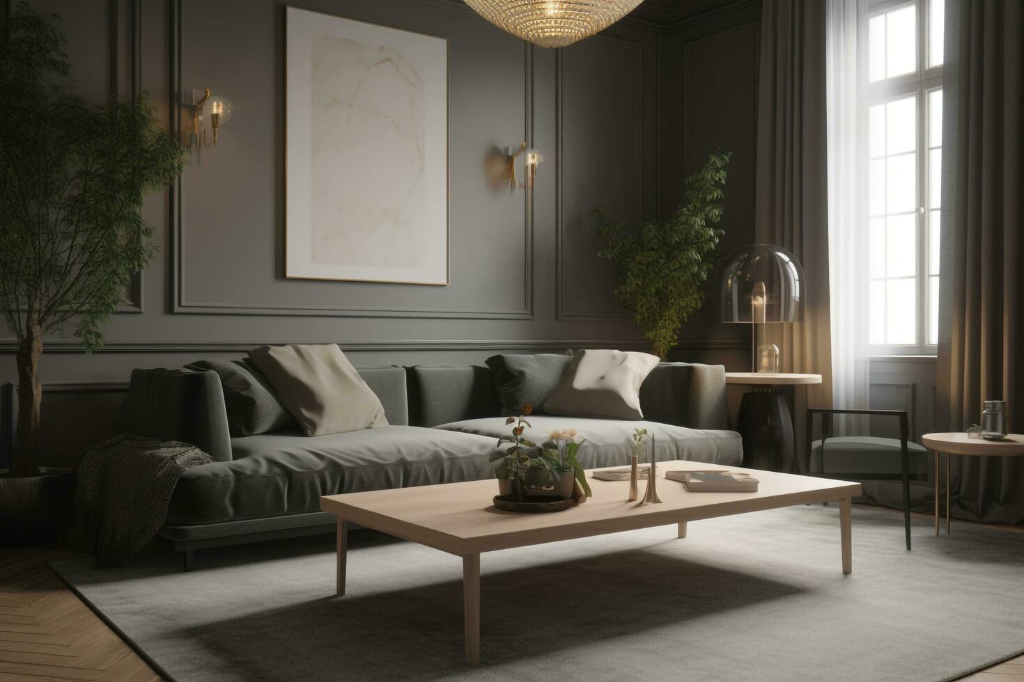 living room with a comfortable sofa and empty space,  AI Generated photo
