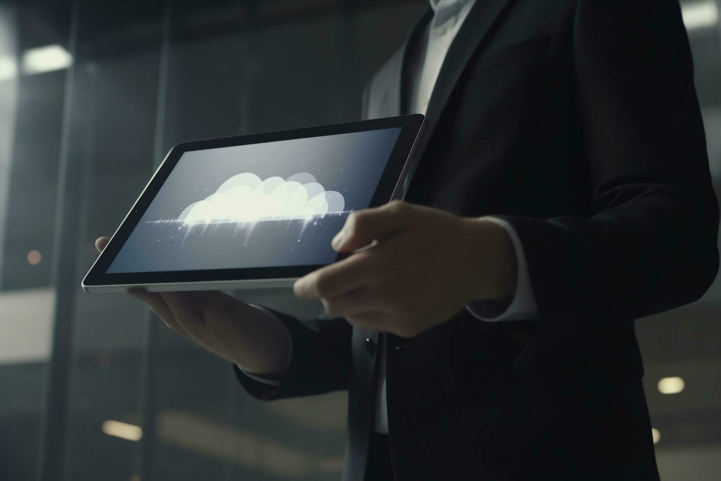 businessman's hand showing cloud computing for data storage, AI Generated photo