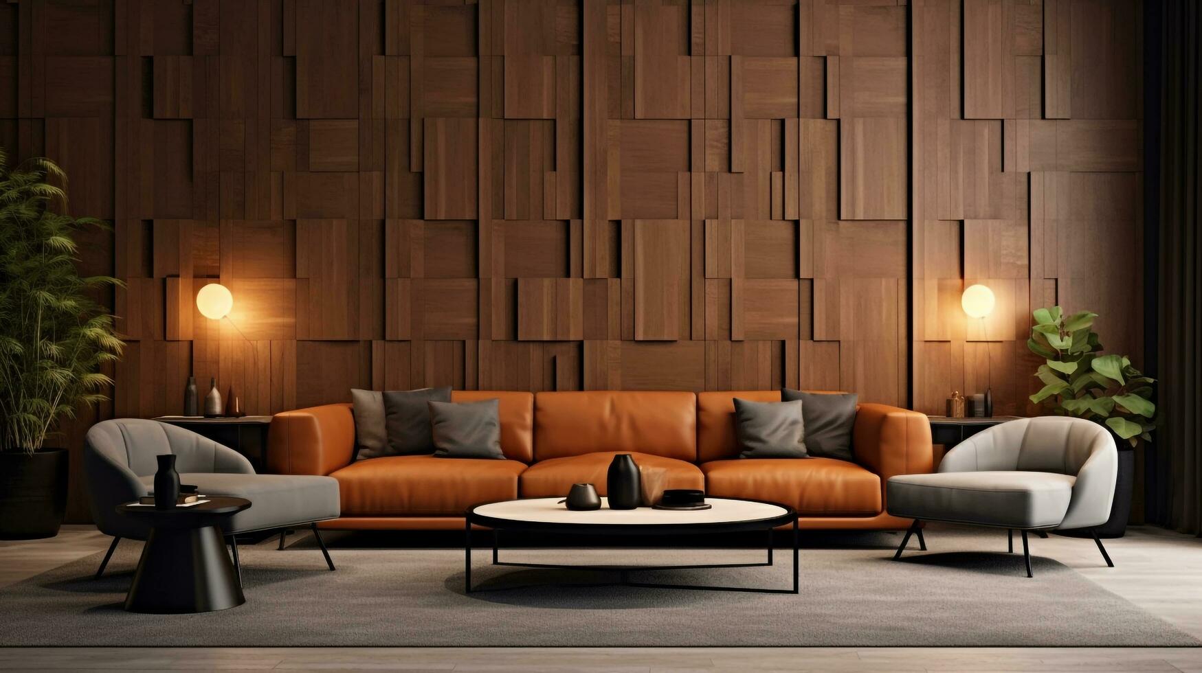 The interior living room wall mockup features a sleek and modern design, with a beautiful leather sofa, AI generated photo