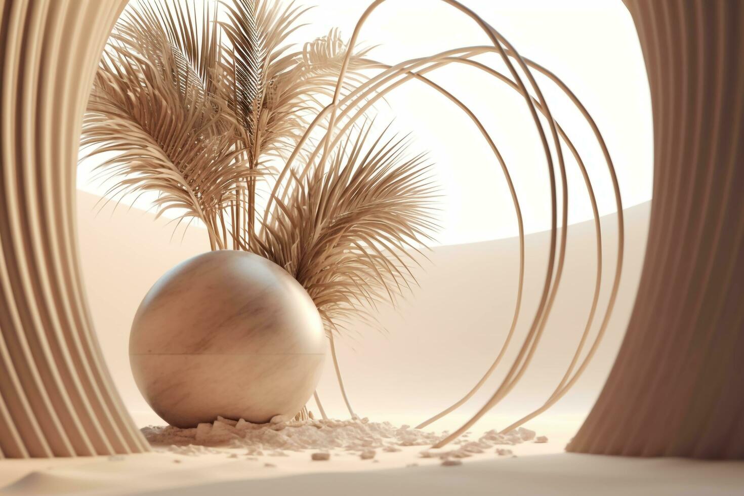 Contemporary exhibition stand with palm branches on sandy background, AI Generated photo