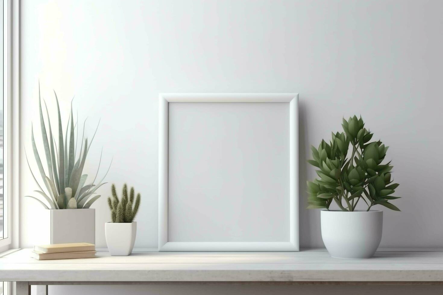 Empty white frame on white wall with plant and modern decor, AI Generated photo