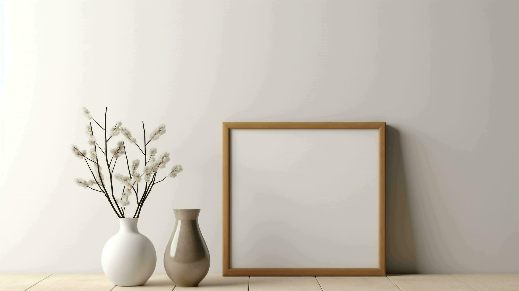 A side view of an empty square frame mockup positioned on a white wall in a modern minimalist interior, AI generated photo