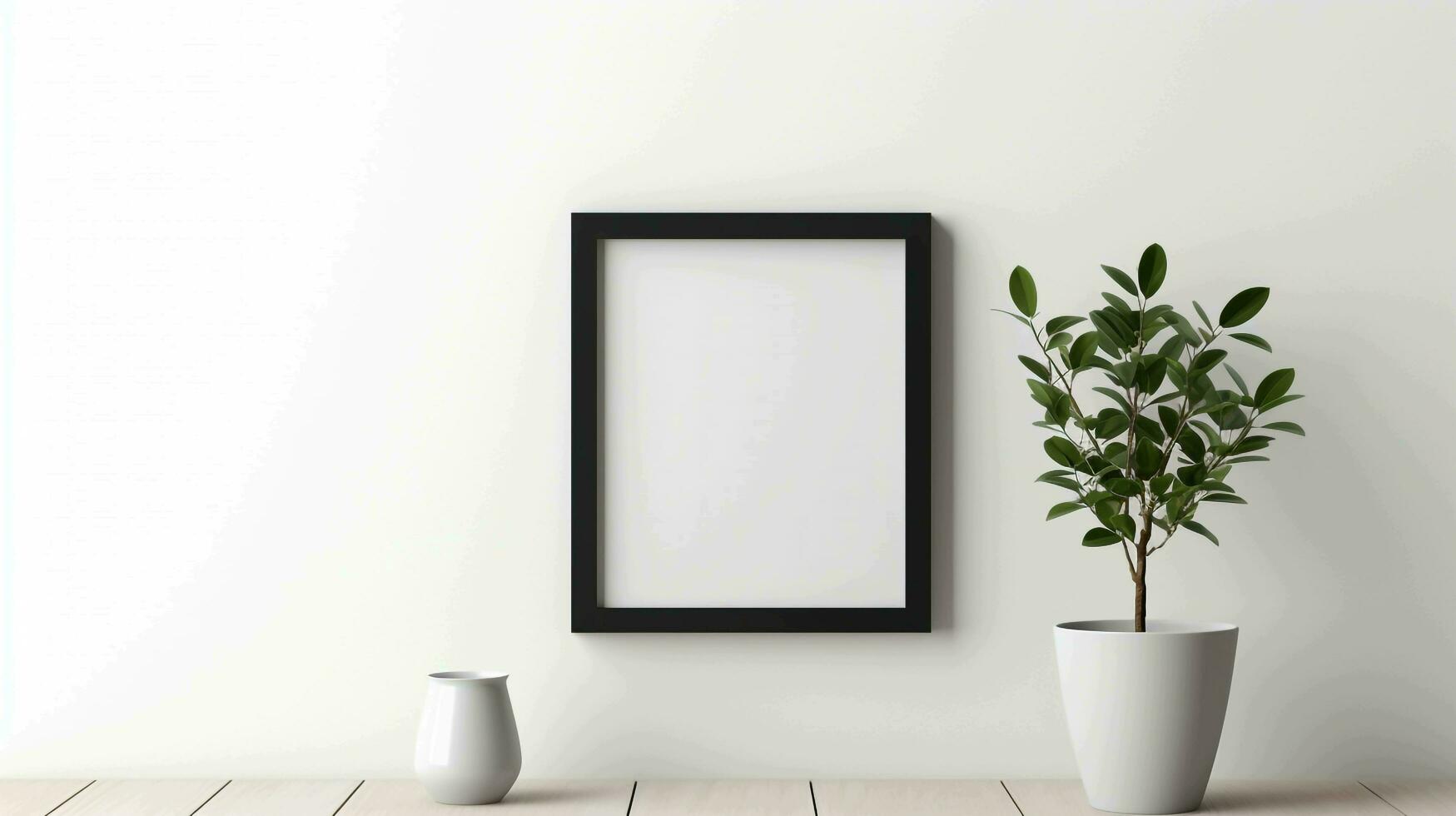 vacío blanco pared blanco póster en elegante negro marco, ai generado foto