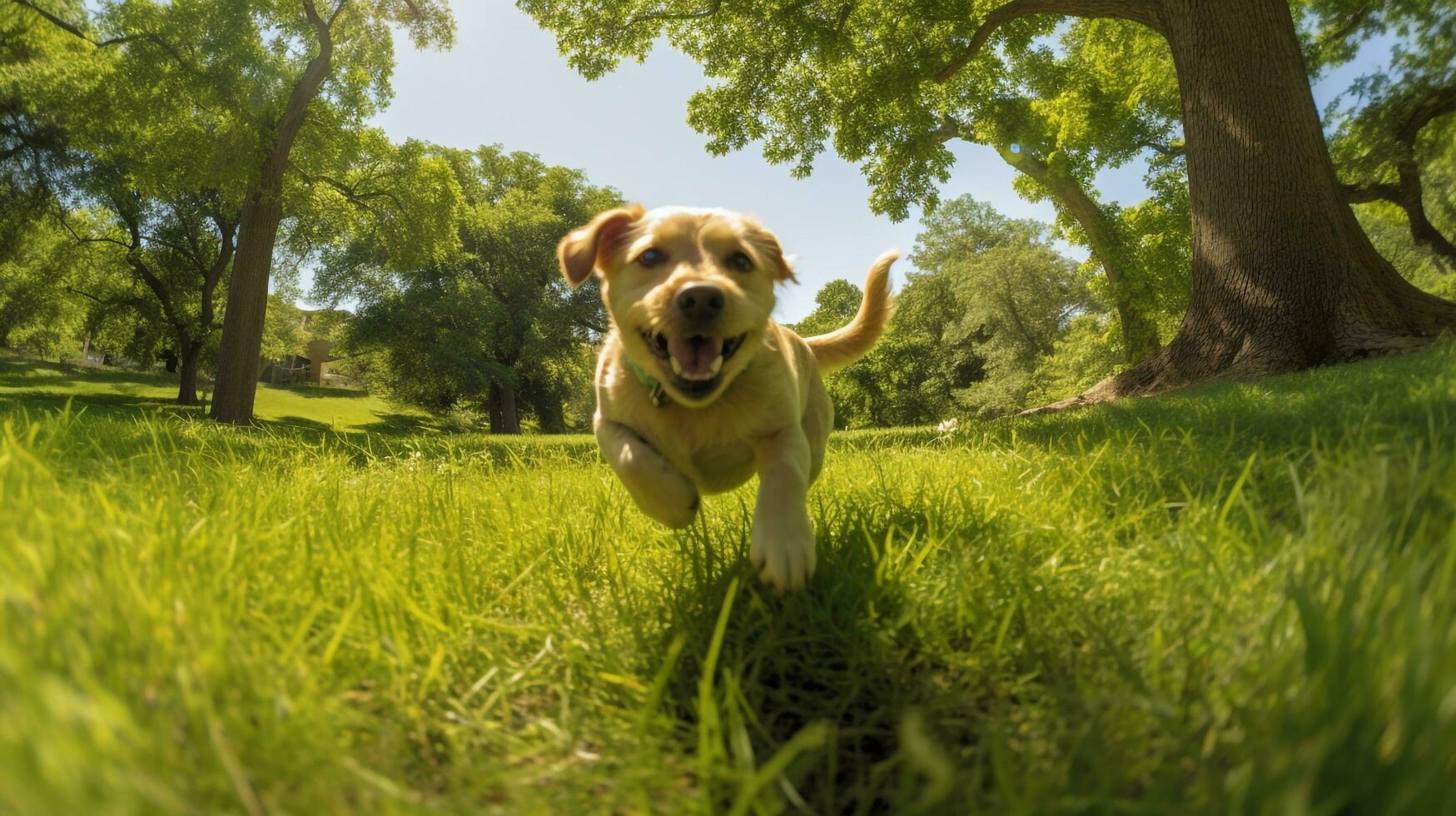 a playful dog chasing a ball in a lush green park during a sunny afternoon, AI generated photo