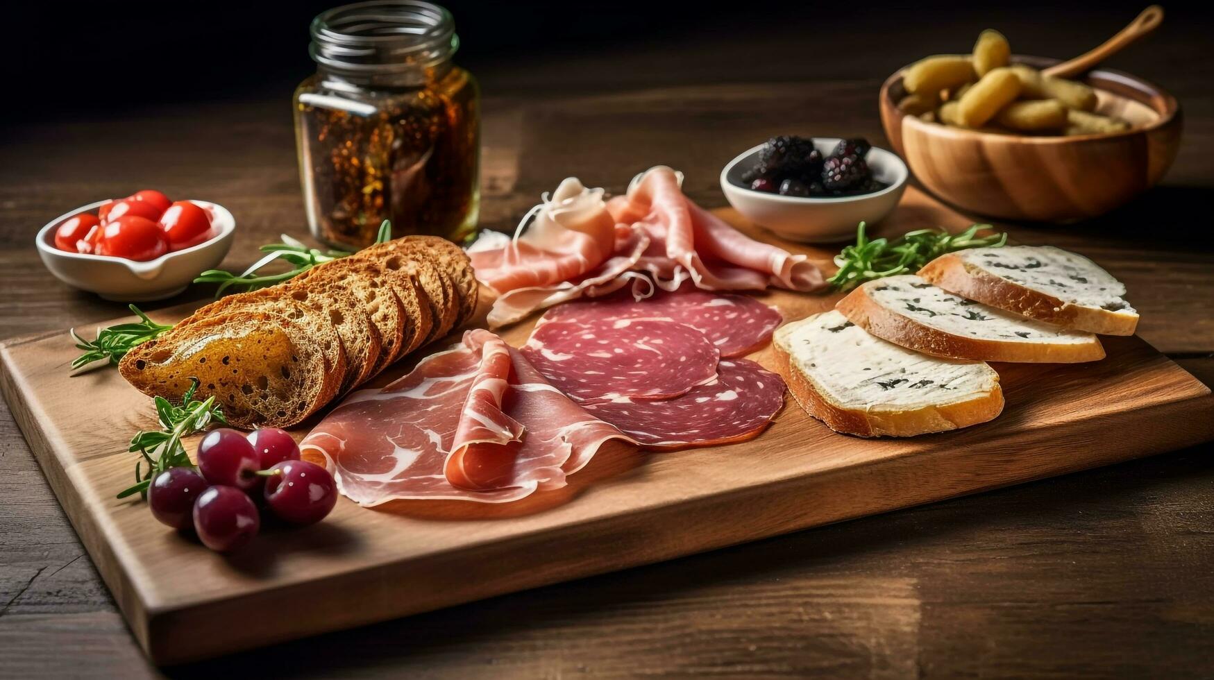 a selection of cured meats and bread on a wooden chopping board, AI generated photo
