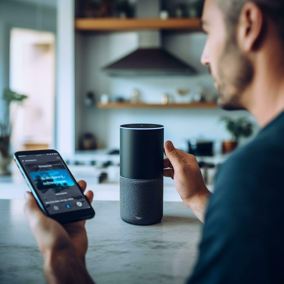 a homeowner interacting with a smart home assistant, demonstrating voice commands and controlling various aspects of the house, AI generated photo