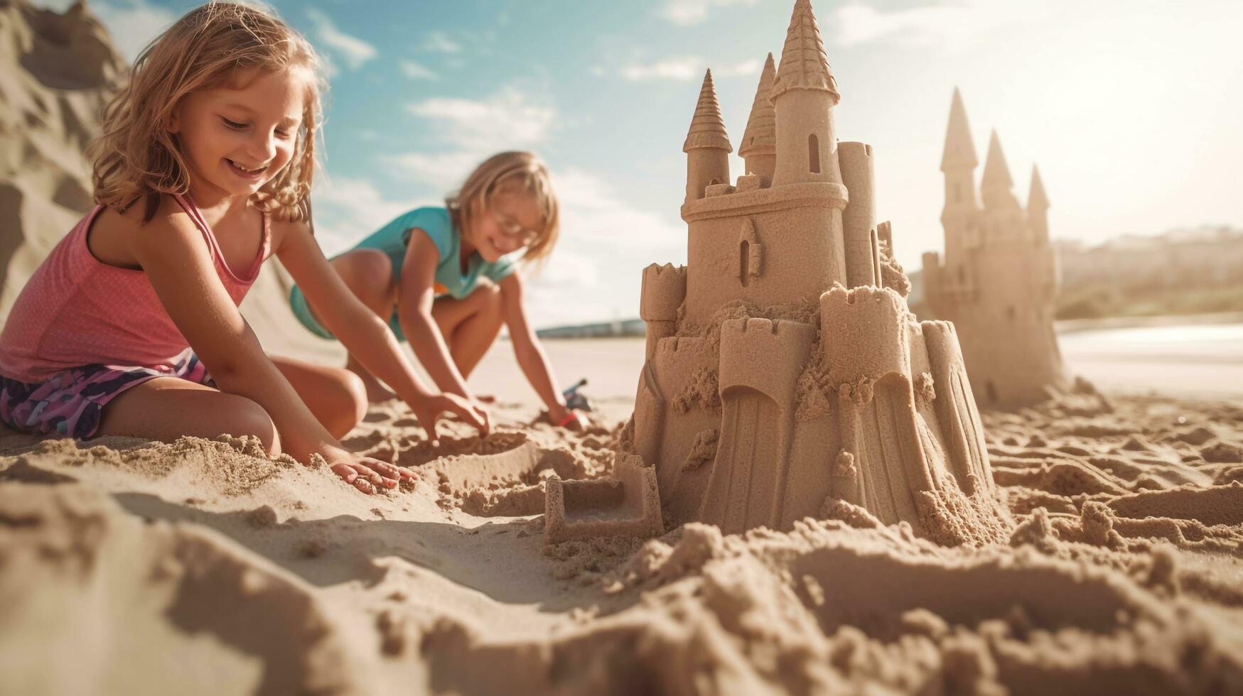 Happy beautiful little white children building sand castles at the beach side, AI generated photo