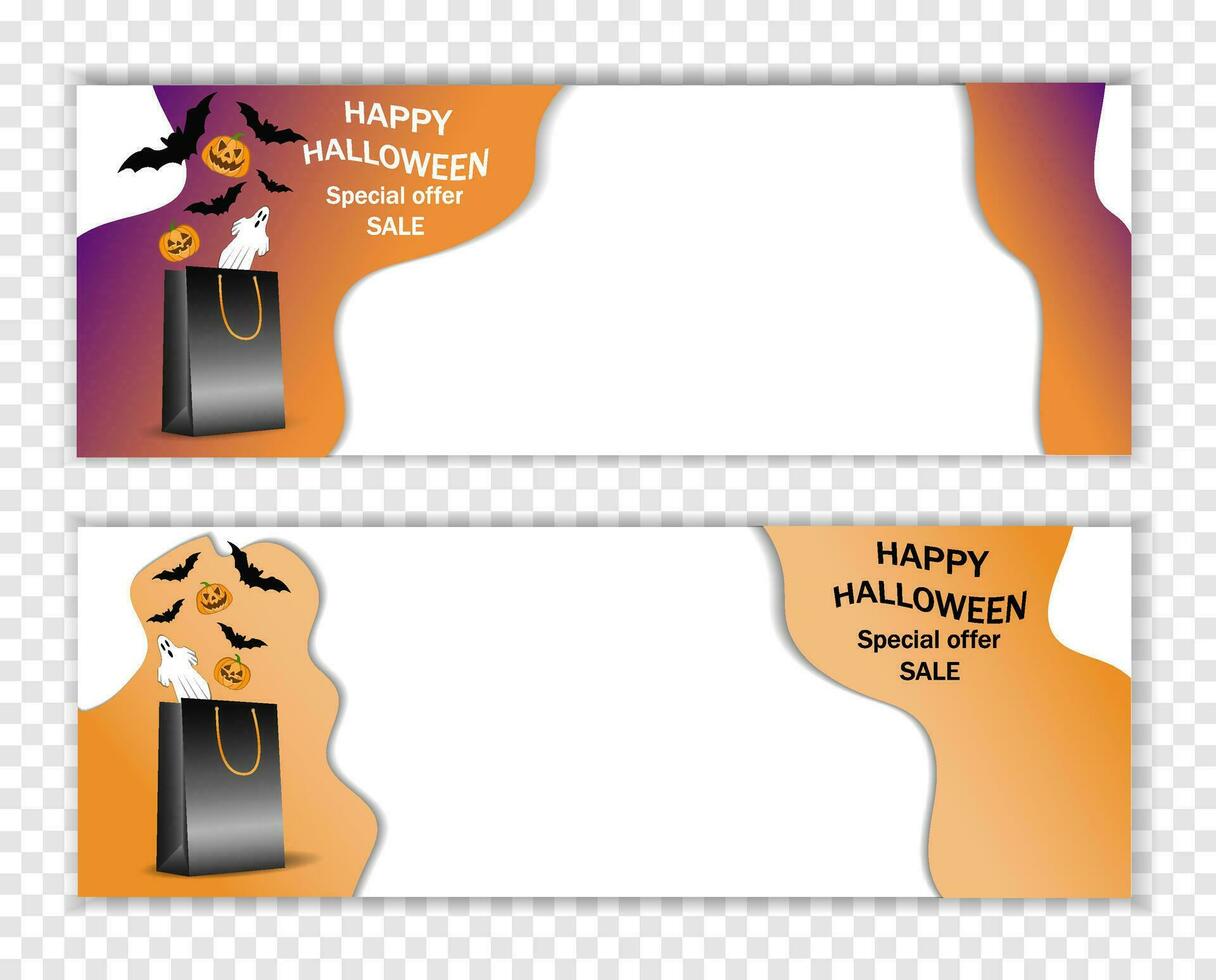 Horizontal wide banners, mockup, template for Halloween sale and advertising with place for text, copy space. With gift bag and bats vector