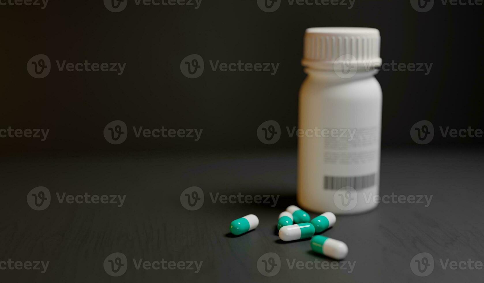 pastillas en el mesa con botella junto a eso en un negro fondo, 3d ilustración foto