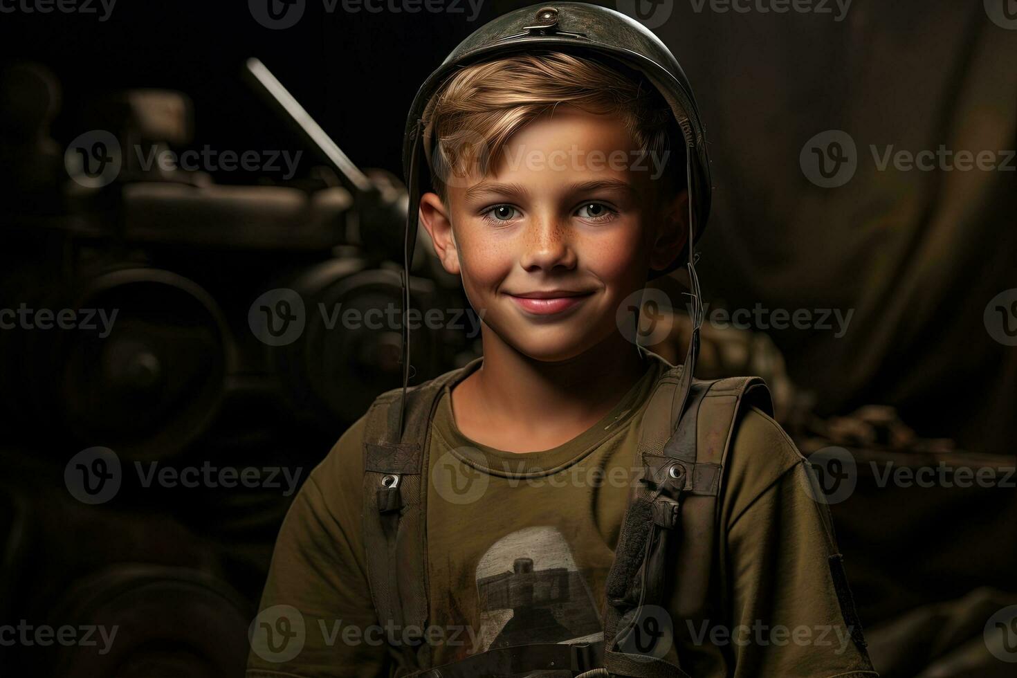 retrato de un linda pequeño chico en militar uniforme en oscuro antecedentes ai generado foto