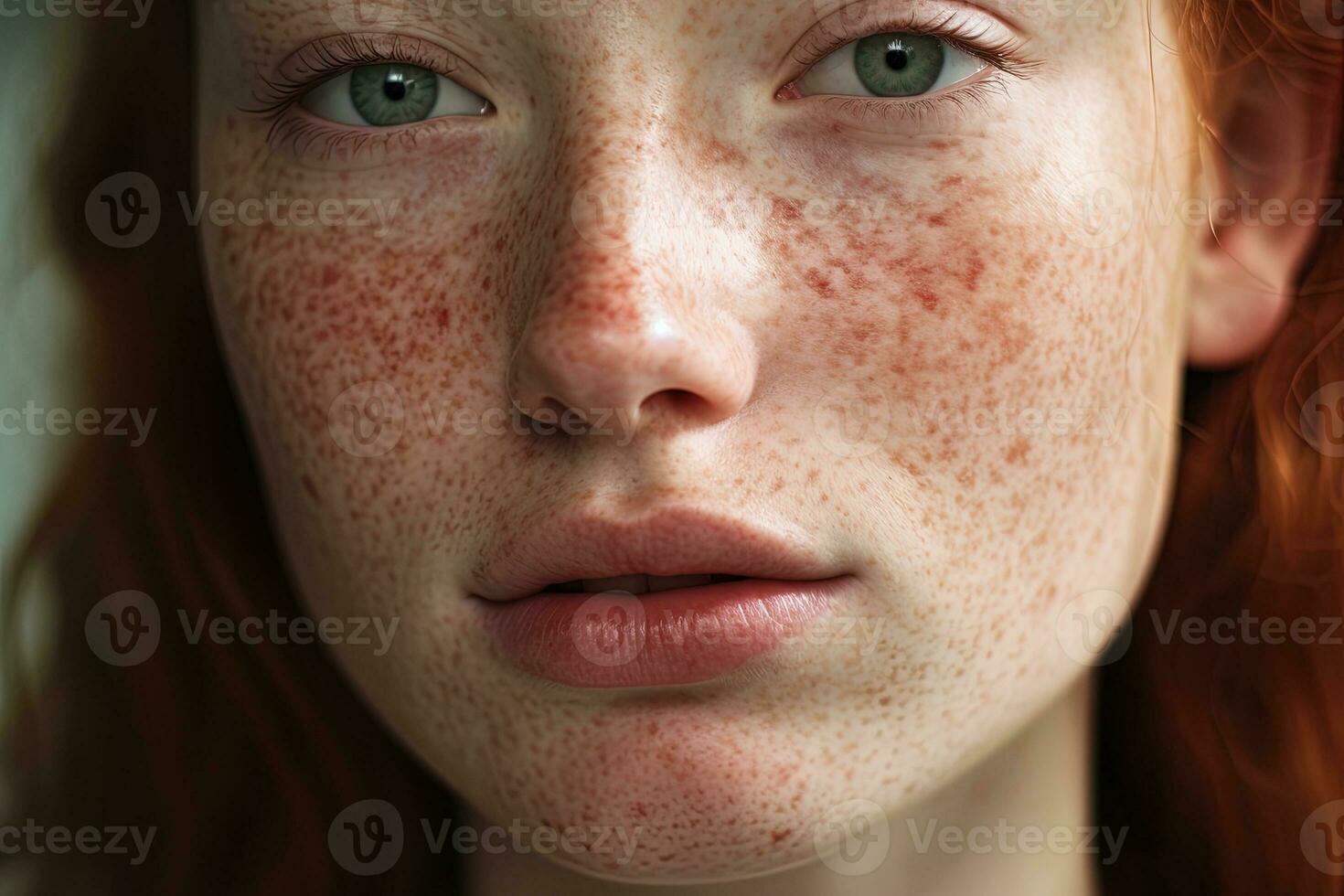 a close up of a woman with freckles AI generated photo